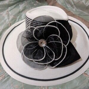 Tuscany Wide Brim Church Derby Dress Hat Black White Flower Bow Ribbon